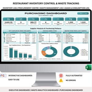 May include: A computer screen displaying a restaurant purchasing dashboard with data visualizations. Key metrics include total PO value, open PO count, and supplier analysis. The dashboard is interactive and fully automated.