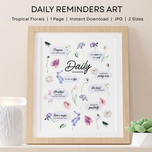 Daily Reminders Printable, Positive Affirmations, Mental Health, Gift For Her, Anxiety Relief, Motivation, Tropical Floral, Instant Download