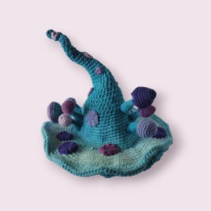 Handmade Crochet Gradient Blue Wizard Hat with Purple Mushrooms