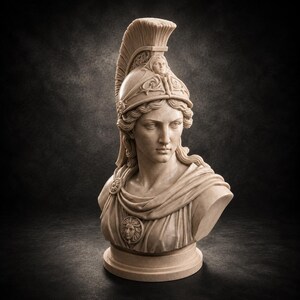 May include: A beige stone bust of a warrior wearing a crested helmet with intricate carvings. The figure features a draped garment secured by a circular brooch on the shoulder and a central medallion on the chest, all set on a circular pedestal base.