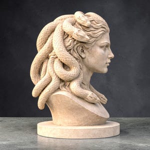 May include: A stone bust of Medusa, featuring her iconic snake hair. The sculpture is in profile, showcasing the detailed facial features and the texture of the snakes. The bust is a light beige color and sits on a round base.