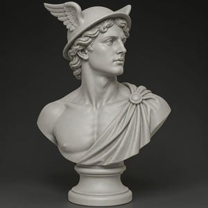 May include: A gray bust of a man, sculpted in the classical style. The figure wears a winged helmet and a draped garment fastened with a circular brooch. The bust is mounted on a pedestal.