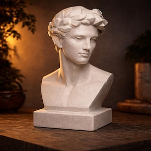 Op de afbeelding: Lichtgekleurde buste van een man met een lauwerkrans. De sculptuur staat op een rechthoekige basis en heeft een klassieke uitstraling. De buste is gemaakt van een steenachtig materiaal en is een decoratief item.