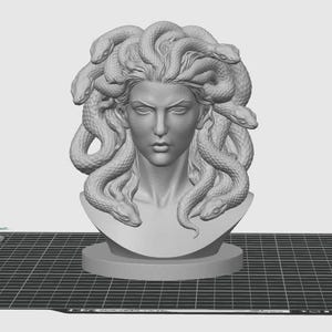 May include: A gray bust of Medusa, a figure from Greek mythology, with snakes for hair. The sculpture is on a round base and set against a grid background. The bust is a 3D model.