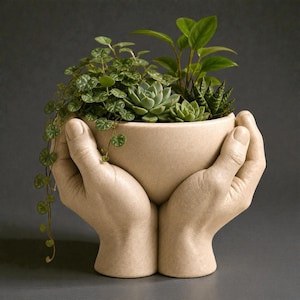 Pode incluir: Um vaso de cerâmica bege em forma de mãos em concha, preenchido com uma variedade de suculentas verdes e plantas penduradas. O vaso tem um acabamento liso e assenta numa superfície cinza escuro. Um item decorativo único.