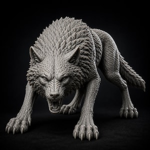 May include: A gray wolf sculpture in a crouching position, with an open mouth and visible teeth. The wolf has detailed fur and a menacing expression. The sculpture is set against a black background.