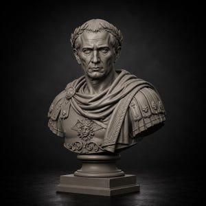 Op de afbeelding: Een gedetailleerde buste van een Romeinse keizer, met een lauwerkrans en een gedrapeerde toga. De sculptuur is neutraal grijs van kleur, met ingewikkelde details op het gezicht, het pantser en de basis. De buste staat tegen een donkere achtergrond.
