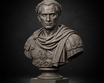 May include: A detailed bust of a Roman emperor, featuring a laurel wreath crown and draped toga. The sculpture is a neutral gray color, with intricate details on the face, armor, and base. The bust is set against a dark background.