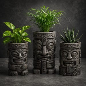 May include: Three gray tiki-style planters with green plants. Each planter features a carved face design. The plants include a leafy green plant, a fern-like plant, and a succulent. The planters are arranged on a dark gray surface.