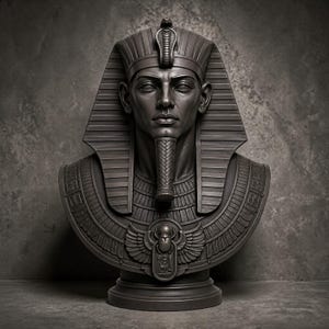 Può includere: Busto grigio scuro di un faraone egizio, con un'acconciatura dettagliata con un cobra, una barba stilizzata e un pettorale dettagliato. Il busto è ambientato su uno sfondo grigio strutturato, mostrando intagli intricati e una presenza regale.