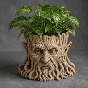 May include: A detailed, beige-colored planter shaped like a tree trunk with a stern, bearded face carved into it. The planter is filled with green and yellow-speckled pothos plants, creating a striking contrast. A unique decorative item for home or garden.