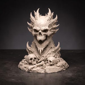 Puede incluir: Una escultura detallada, blanquecina, de una calavera demoníaca con dientes afilados y una corona puntiaguda. Dos calaveras más pequeñas y un hueso descansan en la base. La escultura tiene una apariencia texturizada y desgastada, lo que sugiere un tema antiguo o gótico.