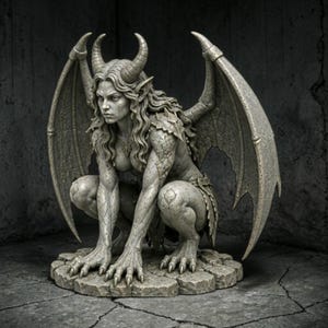 Può includere: Una scultura dettagliata di gargoyle in pietra, raffigurante una figura femminile con corna e ali, in posizione accovacciata. La statua presenta dettagli intricati e un'espressione severa. È posta su una base di pietra strutturata, in grigio.