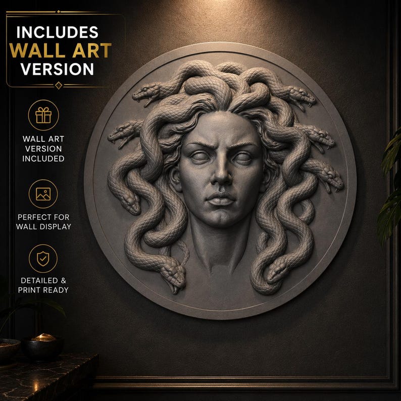 Medusa Bust STL – Greek Mythology Statue – Gorgon Sculpture – Snake Hair Bust – 3D Printable Decor image 3