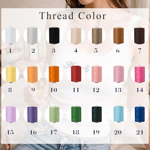 May include: A color chart titled Thread Color displaying twenty-one numbered spools of sewing thread in various shades including white, gray, black, beige, brown, yellow, orange, red, pink, purple, green, and blue arranged in a grid.