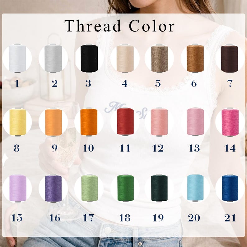 May include: A color chart titled Thread Color displaying twenty-one numbered spools of sewing thread in various shades including white, gray, black, beige, brown, yellow, orange, red, pink, purple, green, and blue arranged in a grid.