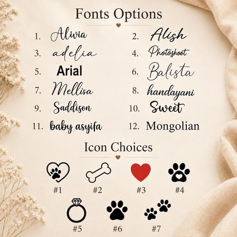 May include: A font and icon selection chart featuring twelve numbered font styles including Alivia, Adelia, and Arial, followed by seven numbered icon choices such as a heart with a paw print, a bone, a red heart, and various paw prints.