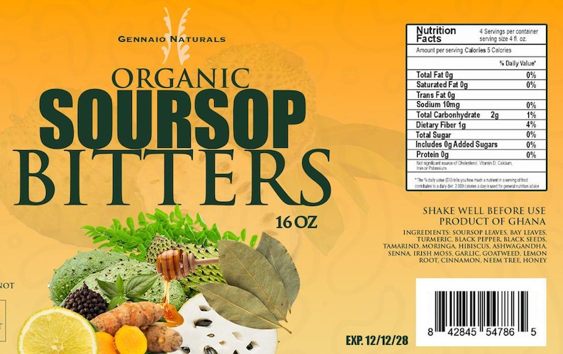 Puede incluir: Una botella de 473 ml de amargos de guan&aacute;bana org&aacute;nica, un producto de Ghana. La etiqueta de la botella presenta un fondo verde y amarillo con una fuente grande y en negrita que dice "ORGANIC SOURSOP BITTERS". La etiqueta tambi&eacute;n incluye una lista de ingredientes, que incluyen hojas de guan&aacute;bana, hojas de laurel, c&uacute;rcuma, pimienta negra, semillas negras, tamarindo, moringa, hibisco, ashwagandha, senna, musgo irland&eacute;s, ajo, hierba de cabra, ra&iacute;z de lim&oacute;n, canela, miel de &aacute;rbol de neem y un c&oacute;digo de barras UPC.