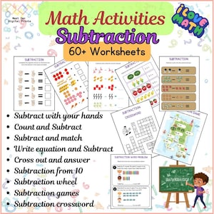 Math Activities Subtraction Workbook | 60+ Printable Worksheets for Kids | Fun Subtraction Games, Puzzles, and Practice | Digital Download
