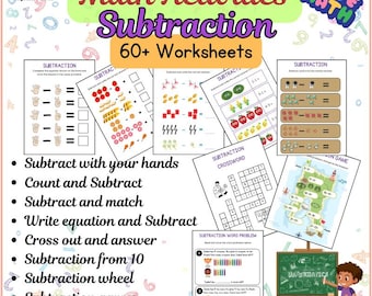 Matematiska aktiviteter och subtraktionsarbetsbok | 60+ utskrivbara arbetsblad för barn | Roliga subtraktionsspel, pussel och övning | Digital nedladdning