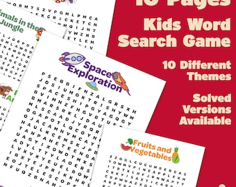 Puzzle de recherche de mots pour enfants | 10 pages, 10 thèmes amusants | Format A4 imprimable