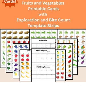 Schede stampabili di frutta e verdura con strisce di modelli per l'esplorazione e il conteggio dei morsi / Immagini per la terapia alimentare / Strumenti per l'esplorazione alimentare /