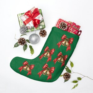 Red Ribbon Bells Christmas Stocking | Green Holiday Stocking