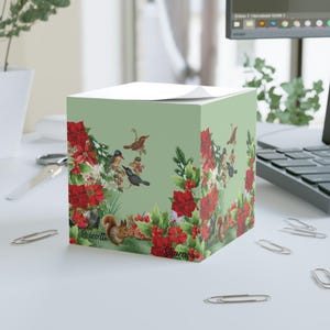 Floral Poinsettia and Animal Note Cube, Desk Accessories, Paper Cube Notepad