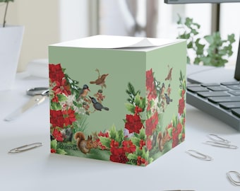 Floral Poinsettia and Animal Note Cube, Desk Accessories, Paper Cube Notepad