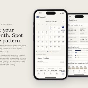 Puede incluir: Dos tel&eacute;fonos inteligentes que muestran una aplicaci&oacute;n de seguimiento financiero. La pantalla izquierda muestra un calendario de octubre de 2026 con puntos de gasto diarios y detalles de transacciones. La pantalla derecha muestra an&aacute;lisis de gastos, comparaciones de periodos de pago, gastos por categor&iacute;a y gr&aacute;ficos.