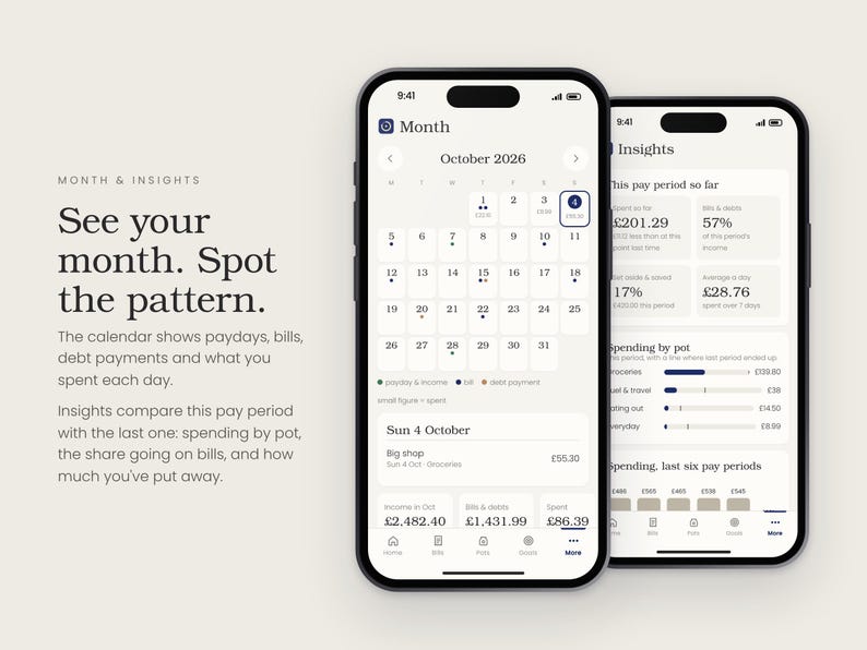 Puede incluir: Dos tel&eacute;fonos inteligentes que muestran una aplicaci&oacute;n de seguimiento financiero. La pantalla izquierda muestra un calendario de octubre de 2026 con puntos de gasto diarios y detalles de transacciones. La pantalla derecha muestra an&aacute;lisis de gastos, comparaciones de periodos de pago, gastos por categor&iacute;a y gr&aacute;ficos.