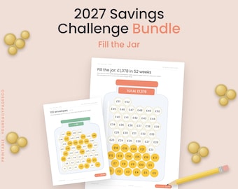 Puede incluir: Un conjunto imprimible 2027 Savings Challenge Bundle con dos hojas que muestran ilustraciones de frascos para seguir objetivos financieros. Las hojas incluyen círculos con montos, algunos rellenos en amarillo, y el texto 2027 Savings Challenge Bundle.