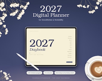 Agenda digital 2027 / Fechas diarias, semanales y mensuales / Con hipervínculos, compatible con GoodNotes y Notability / 4 colores