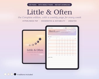Puede incluir: Una agenda digital titulada Little & Often con 120 páginas, diseños semanales y funcionalidad PDF con hipervínculos para Goodnotes y Notability. La interfaz presenta un fondo de degradado suave, gráficos de fases lunares y páginas de calendario sin fecha.