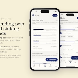 Puede incluir: Dos tel&eacute;fonos inteligentes que muestran la interfaz de una aplicaci&oacute;n de gesti&oacute;n financiera titulada Pots. Las pantallas muestran listas de presupuestos y fondos de ahorro con barras de progreso, montos en libras y botones Add spending.