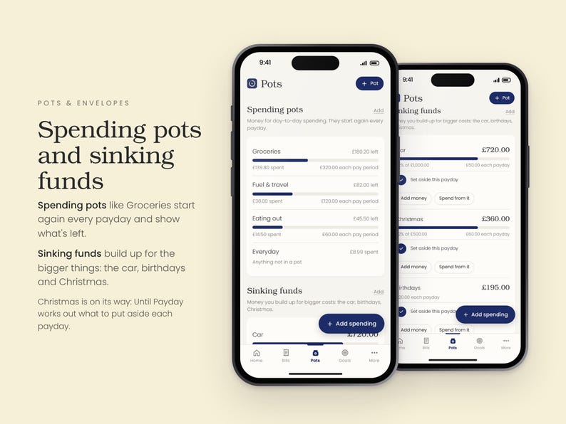Puede incluir: Dos tel&eacute;fonos inteligentes que muestran la interfaz de una aplicaci&oacute;n de gesti&oacute;n financiera titulada Pots. Las pantallas muestran listas de presupuestos y fondos de ahorro con barras de progreso, montos en libras y botones Add spending.