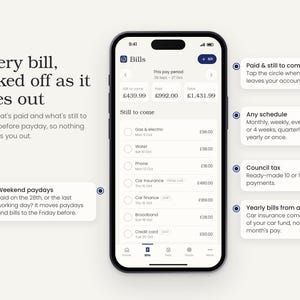 Puede incluir: Una pantalla de smartphone que muestra una aplicaci&oacute;n de gesti&oacute;n financiera titulada Bills. La interfaz presenta una lista de gastos que incluye gas, electricidad, agua, tel&eacute;fono, seguro de coche, financiaci&oacute;n de coche, banda ancha y tarjeta de cr&eacute;dito en libras.