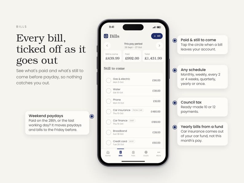 Puede incluir: Una pantalla de smartphone que muestra una aplicaci&oacute;n de gesti&oacute;n financiera titulada Bills. La interfaz presenta una lista de gastos que incluye gas, electricidad, agua, tel&eacute;fono, seguro de coche, financiaci&oacute;n de coche, banda ancha y tarjeta de cr&eacute;dito en libras.