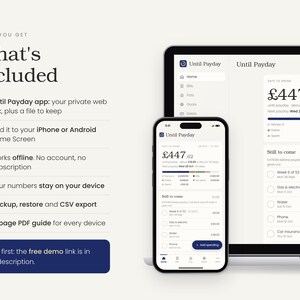 Puede incluir: Una herramienta de planificaci&oacute;n financiera digital mostrada en la pantalla de un port&aacute;til y un smartphone. La interfaz muestra la aplicaci&oacute;n Until Payday con seguimiento de presupuesto, facturas y ahorros. El texto enumera funciones y gu&iacute;as.