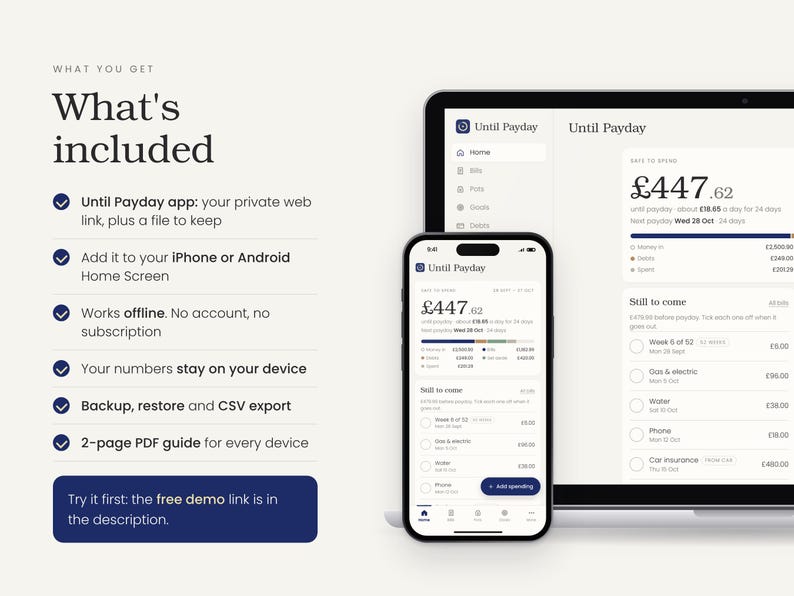 Puede incluir: Una herramienta de planificaci&oacute;n financiera digital mostrada en la pantalla de un port&aacute;til y un smartphone. La interfaz muestra la aplicaci&oacute;n Until Payday con seguimiento de presupuesto, facturas y ahorros. El texto enumera funciones y gu&iacute;as.