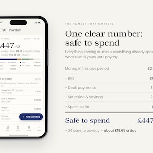 Puede incluir: Un tel&eacute;fono inteligente que muestra la interfaz de la aplicaci&oacute;n Until Payday, con un saldo disponible de 447,62 &pound;. La pantalla detalla informaci&oacute;n financiera, incluyendo ingresos, facturas, deudas y ahorros, junto con el desglose del gasto diario.