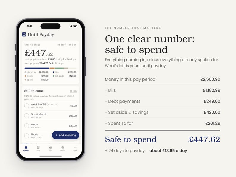 Puede incluir: Un tel&eacute;fono inteligente que muestra la interfaz de la aplicaci&oacute;n Until Payday, con un saldo disponible de 447,62 &pound;. La pantalla detalla informaci&oacute;n financiera, incluyendo ingresos, facturas, deudas y ahorros, junto con el desglose del gasto diario.
