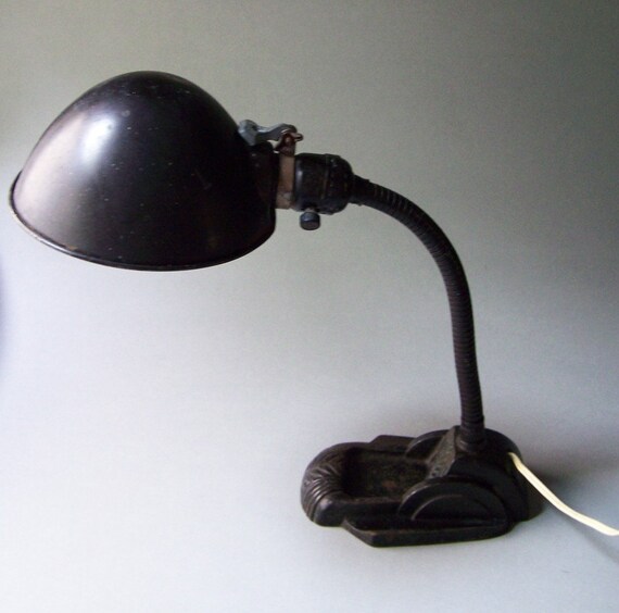Vintage Metal Gooseneck Desk Lamp Cast Iron Base Black Etsy