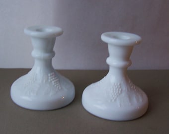 Vintage Pair Milk Glass Candle Holders / White Embossed Candle Holders / Grape Vines