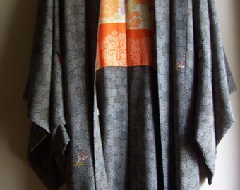 Vintage Japanese Kimono Grey & Brown Haori Thigh Length Jacket