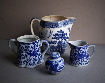 Vintage Blue & White Phoenix Ware Cream and Sugar Containers