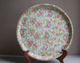 Vintage Round Paper Mache Tray Pastel Chintz Patterned Pink