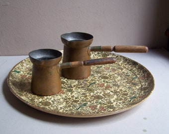 2 Small Vintage Copper Pots w/ Wooden Handle / Coffee Pot / Sauce Pot