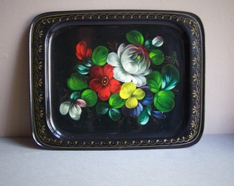 Vintage Hand Painted Metal Tray Colorful Glossy Small Rectangular Tray USSR
