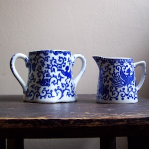 Vintage Blue & White Phoenix Ware Cream and Sugar Containers